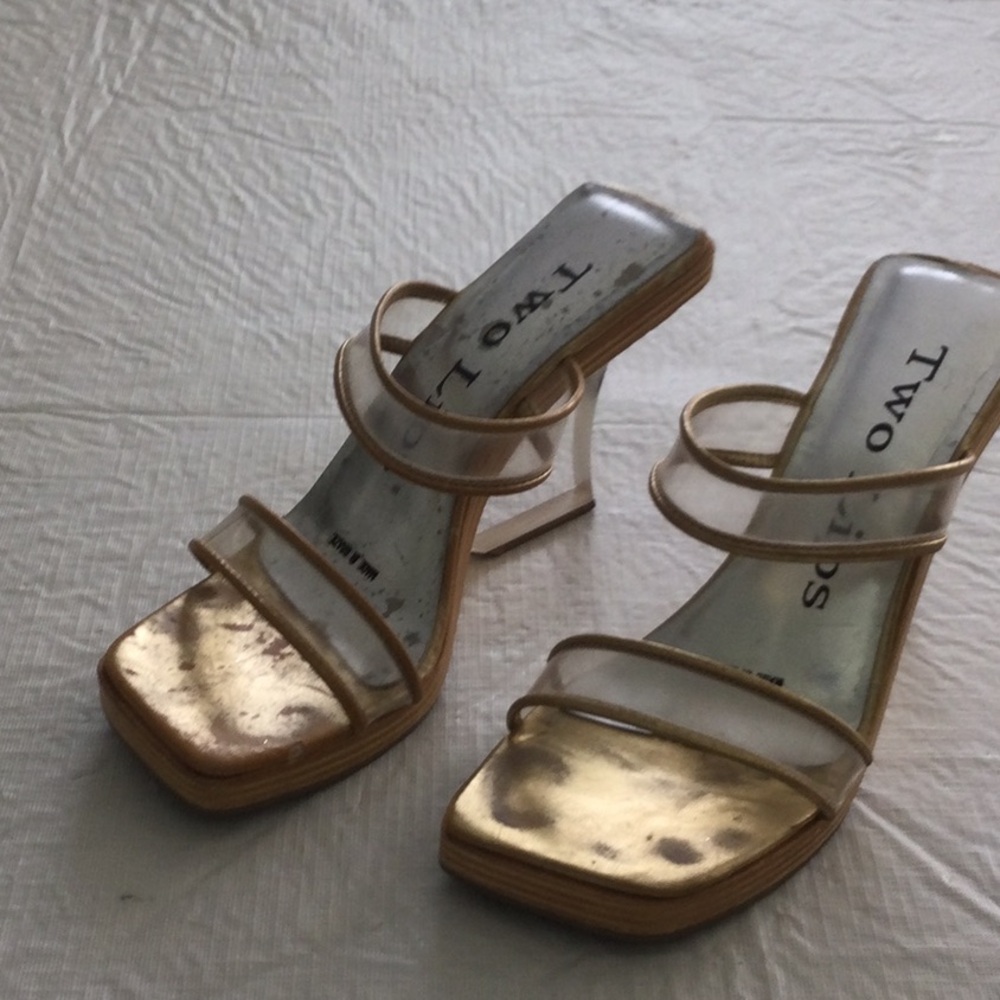 Vintage over 50 years Two Lips Metallic Gold Clear-Strap Heeled Sandals